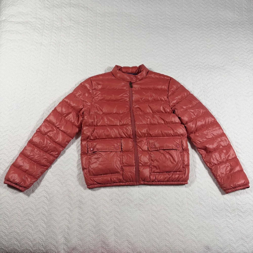 Polo Ralph Lauren Girls Quilted Down Jacket Coral Pink Full Zip Pockets Sz XL 16